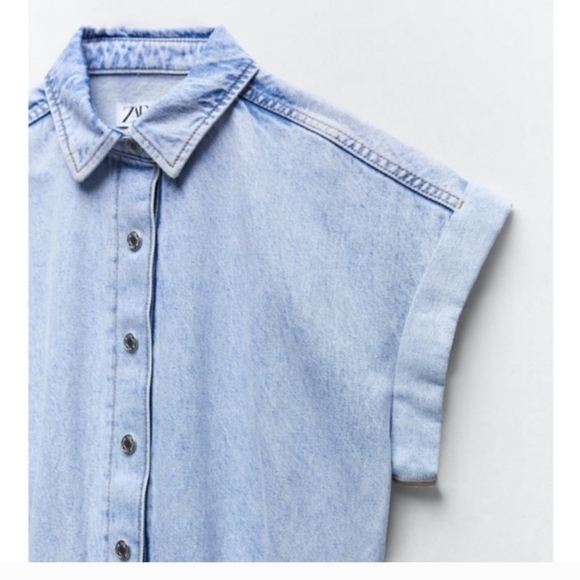 Zara Denim Romper Raw Hem Snap Button Closure Sz-L - Picture 9 of 10